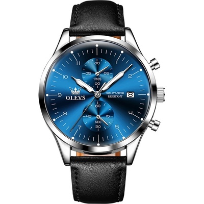 OLEVS Мъжки часовник Olevs CS1664, каишка от естествена кожа, черно-сребърен, син циферблат (CS1664)