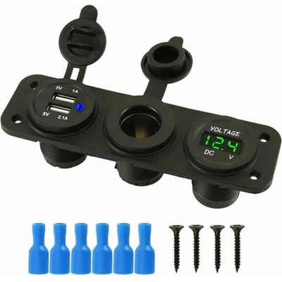 Montážny zapaľovač 12V s dvomi USB 5V portami a vstavaným voltmetrom.