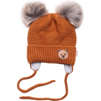 Baby Nellys Zimná čiapka s fleecom Teddy Bear chlupáčk. bambuľky hnedá šedá