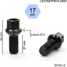 Kolový šroub M14x1,5x27 koule R13 černý, Audi, Seat, Škoda, VW, klíč 17, LS17D27FR13-BLACK výška 48