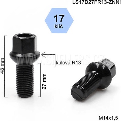Kolový šroub M14x1,5x27 koule R13 černý, Audi, Seat, Škoda, VW, klíč 17, LS17D27FR13-BLACK výška 48 – Sleviste.cz