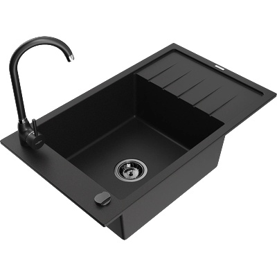 Mexen Elias гранитна еднокамерна мивка с отцедник и кухненски смесител Telma, черен - 6511-77-670200-70-B (6511-77-670200-70-B)