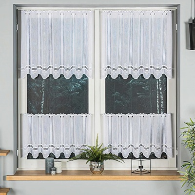 Buona vitrážová záclona, polyesterový batist 44716, vyšívané ornamenty s bordurou, bílá výška 30cm (v metráži)