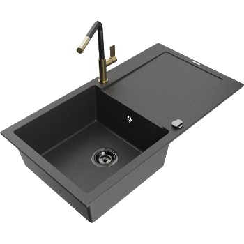 Mexen Leo гранитна мивка с 1 отделение и отцедник и кухненски смесител Flora, черно на петна - 6501-76-670401-75-B (6501-76-670401-75-B)
