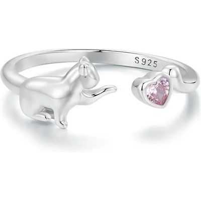 Grace Silver Jewellery Stříbrný prsten se srdíčkovým zirkonem a kočkou stříbro P SCR1027 E Stříbrná
