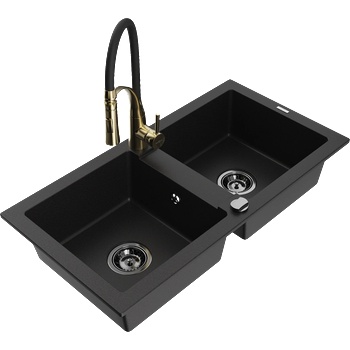 Mexen Mario кухненска мивка от гранит с 2 камери и кухненски смесител Aster, черен - 6504-77-73450-57-B (6504-77-73450-57-B)