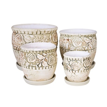 Elegantz Комплект от 4 керамични саксии tribale green, Керамика, ф18, ф15, ф12, ф9 см, Зелен (18419-1)