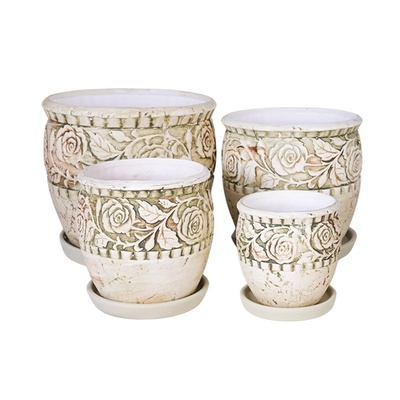 Elegantz Комплект от 4 керамични саксии tribale green, Керамика, ф18, ф15, ф12, ф9 см, Зелен (18419-1)