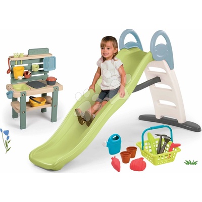 Smoby Set šmykľavka s dvojitou vlnou a kuchynka pre záhradníkov Toboggan Life dĺžka šmyku 200 cm s vodotryskom a košík s krhličkou