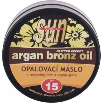 Vivaco Sun Argan Bronz Oil Glitter Effect Tanning Butter SPF15 200 ml voděodolné opalovací máslo s arganovým olejem a třpytkami