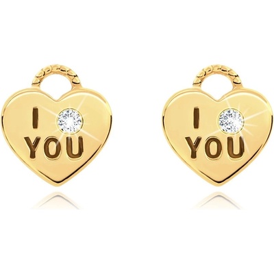 Šperky Eshop náušnice ze žlutého zlata srdíčkový zámek čirý zirkon nápis I love you S2GG116.04