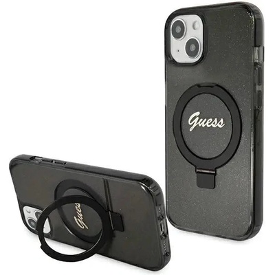 GUESS Кейс Guess Ring Stand Script Glitter MagSafe за iPhone 15 Plus / 14 Plus, черен (3666339156336)