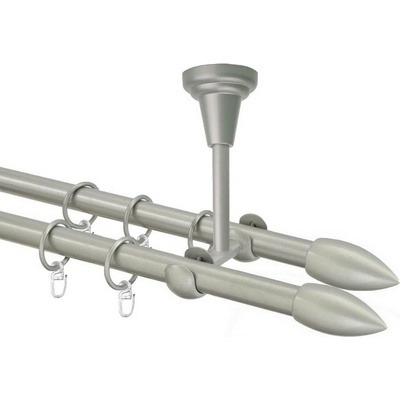 OK-GarnýžeCZ Garnýž kovová dvouřadá 16mm Špice double stříbrná mat 330 cm do stropu / kroužky s háčkem