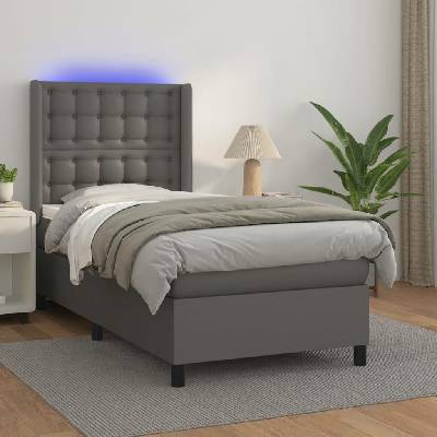 vidaXL Box spring postel s matrací a LED 3139350 umělá kůže šedá