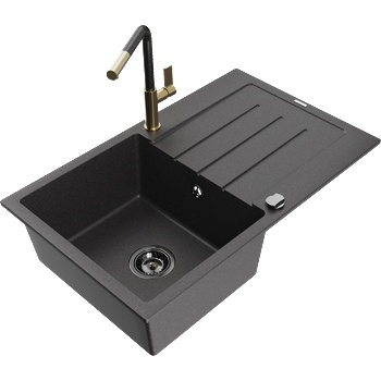 Mexen Bruno гранитна мивка с 1 корито с отцедник и кухненски смесител Flora, черна пръскана - 6513-76-670401-75-B (6513-76-670401-75-B)