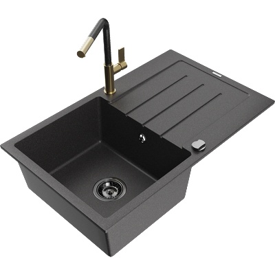 Mexen Bruno гранитна мивка с 1 корито с отцедник и кухненски смесител Flora, черна пръскана - 6513-76-670401-75-B (6513-76-670401-75-B)