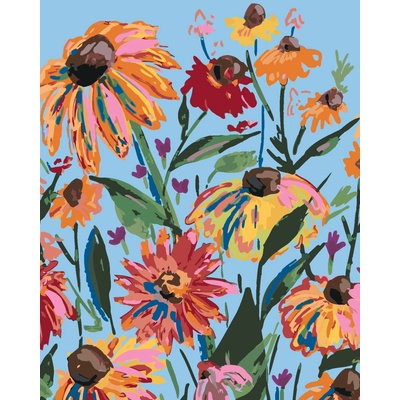 ZUTY Malování podle čísel ORANŽOVÉ KVĚTY A NEBE ALEXANDRIA GILBERT Rozměr 80 x 100 cm Rámování vypnuté plátno na rám