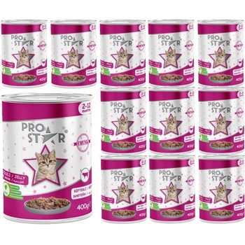 HERMOS Prostar Jelly Kitten Food with Beef - Пълоценна храна за подрастващи котки, консерва с говеждо в желе 400 гр х 12 броя в стек, Турция