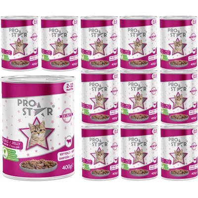 HERMOS Prostar Jelly Kitten Food with Beef - Пълоценна храна за подрастващи котки, консерва с говеждо в желе 400 гр х 12 броя в стек, Турция