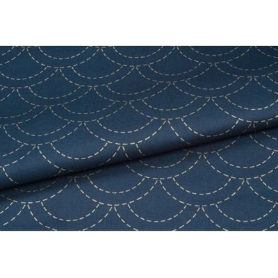 Sashiko látka metráž s předtištěným vzorem vlnek, indigo modrá