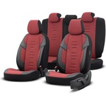  Комплект Луксозна Тапицерия OTOM текстил с еко кожа THRONE Design - Червено-Черна с черен шев, за Предни и Задни Седалки