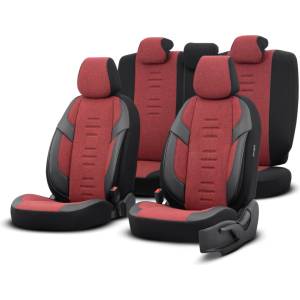  Комплект Луксозна Тапицерия OTOM текстил с еко кожа THRONE Design - Червено-Черна с черен шев, за Предни и Задни Седалки