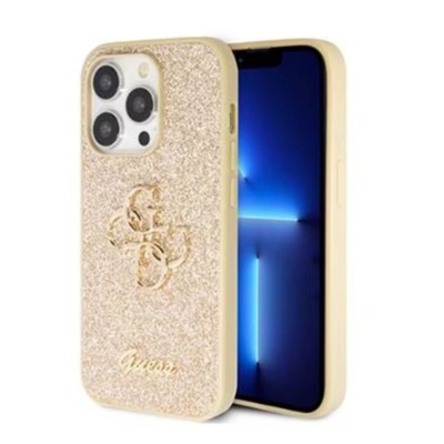 GUESS Предпазен калъф Cover Guess PU 4G Fixed Glitter Metal Logo за iPhone 15 Pro Max, Gold