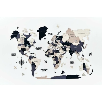Drevená mapa sveta na stenu, 3D Farba: Čierna, Veľkosť: M