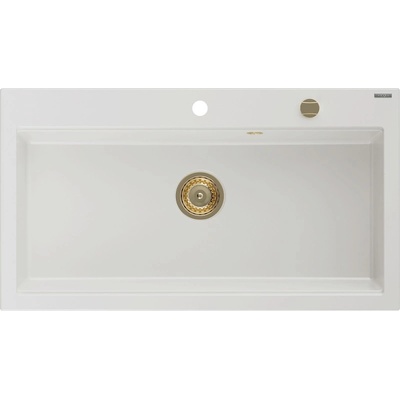 Mexen Slido гранитна мивка 1-камерна 900 x 500 mm, бяла, сифон златен - 6528901005-20-G (6528901005-20-G)
