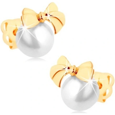 Šperky eshop Puzetové náušnice ze žlutého zlata lesklá mašlička kulatá bílá perla GG106.32