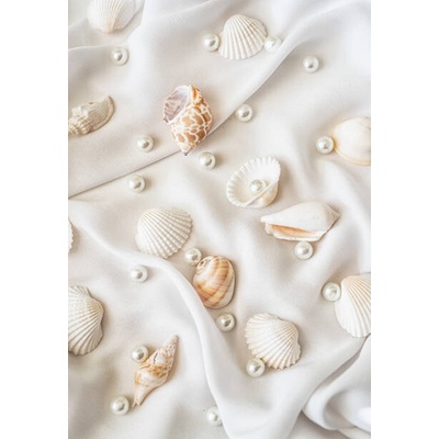 Plakát, Obraz - Seashells and pearls on white silk, Natalia Ganelin, 26.7 × 40 cm