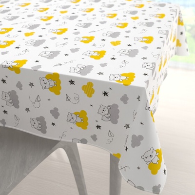 Biante Dětský bavlna čtvercový ubrus Sandra SA-725 Medvídci na žluto-šedých mráčcích na bílém 60x60 cm