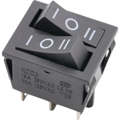 Kolískový vypínač obdĺžnikový dvojitý, KCD3, ON-OFF-ON, čierny 250V/15A