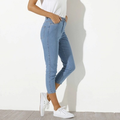 Úzke denimové 7/8 nohavice zapratá modrá