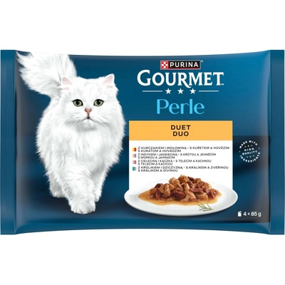 Gourmet Perle DUO kura-hovädzia / morka-jahňacia / teľacia-kačica / králik-zverina 4 x 85 g