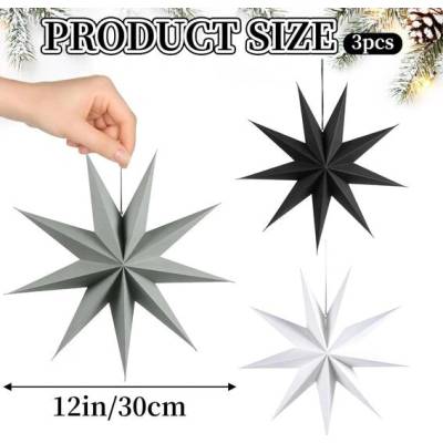 SUNBEAUTY Sada 3 papírových hvězd, černá, bílá a šedá, 30 cm, Závěsné papírové hvězdy, Vánoční