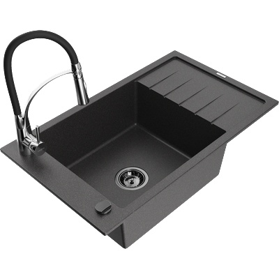 Mexen Elias мивка от гранит, еднокамерна с отцеждач и кухненски смесител Aster, черен на пръски - 6511-76-73450-07-B (6511-76-73450-07-B)