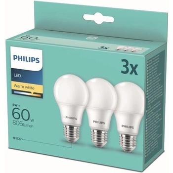 Philips 8718699775490 žiarovka Philips LED E27, 8W, 806lm, 2700K, biela, 3 ks