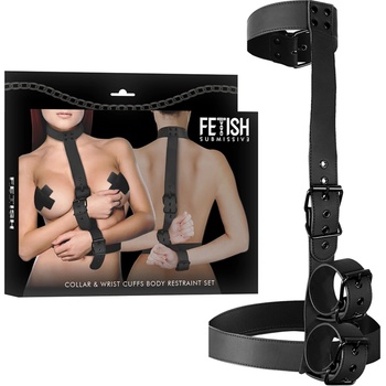 Image 1 of Fetish Submissive Bondage Collar & Wrist Cuffs Body Restraint Set Black