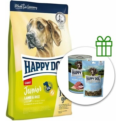 Happy Dog Junior Giant jehněčí rýžové 15 kg + 6x konzerva