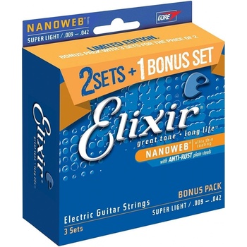 Elixir 16540 Nanoweb Super Light 9-42 3 Pack Set Electric Strings