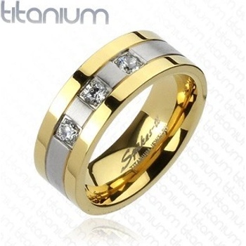 Šperky eshop Titanový prsten zlato-stříbrný tři zirkony F1.4