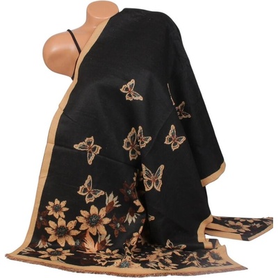 Кашмирен шал в черно с бежови цветя и пеперуди