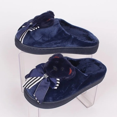 Пухкави тъмносини пантофи с мече и панделка