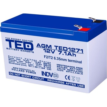 Ted electric Оловна батерия TED ELECTRIC, AGM, 12V, 7Ah, 151/ 65/ 94 mm, (TED-12V-7AH-AGM)