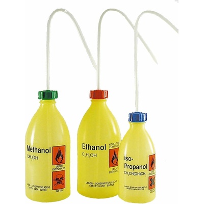 Vytlačovací láhev LDPE 250 ml s potiskem METHANOL, závit GL25, žlutá