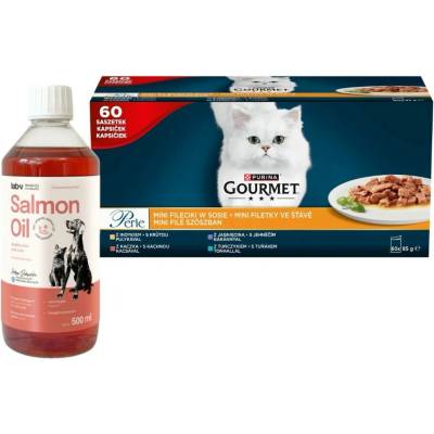 Purina Gourmet Perle Mini Filets in sauce Krmivo pro kočky 60x85 g + LAB V Lososový olej 500 ml