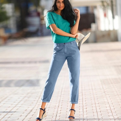 Blancheporte Chino nohavice z tenkého denimu s pružným pásom zapratá modrá