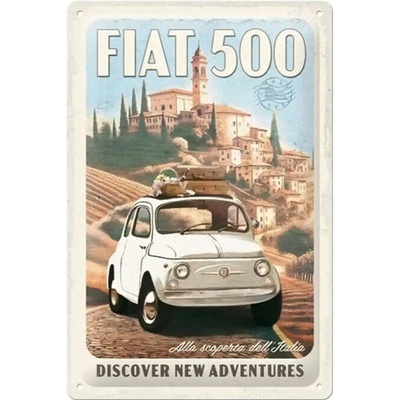 Plechová ceduľa Fiat 500 - Discover New Adventures, 20 x 30 cm