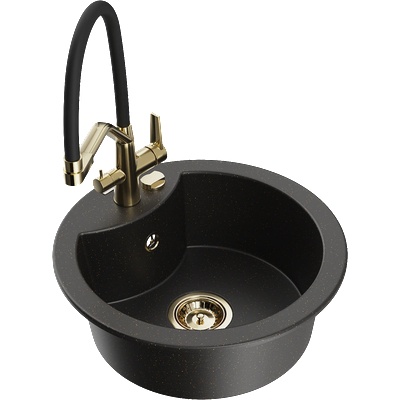 Mexen Diego гранитна мивка с 1 отделение и кухненски смесител Duo, черен/златен металик - 6512-75-671701-57-G (6512-75-671701-57-G)